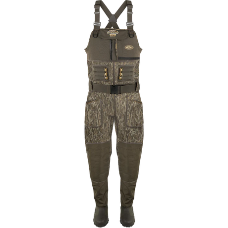 Waders with camouflage pattern and suspenders on a white background
