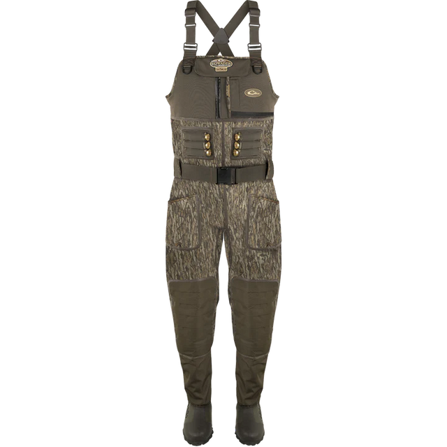 Waders with camouflage pattern and suspenders on a white background