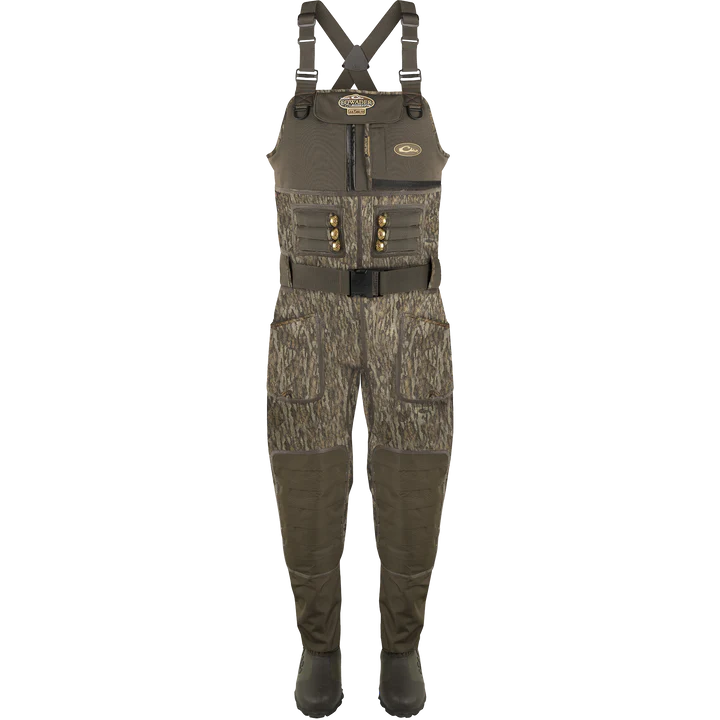 Waders with camouflage pattern and suspenders on a white background