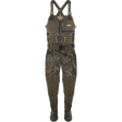 Camouflage hunting waders with suspenders on a white background
