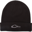 Black beanie with a logo on a white background