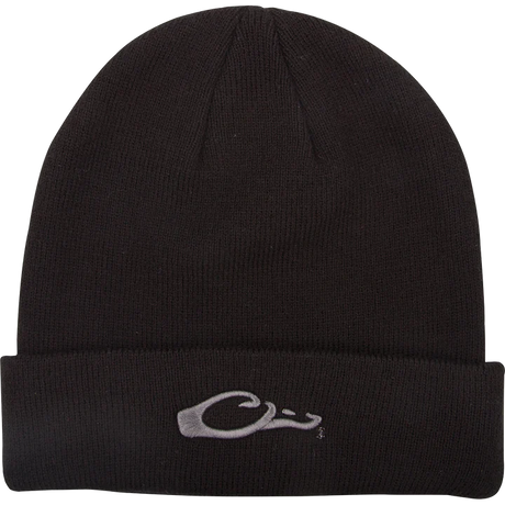 Black beanie with a logo on a white background