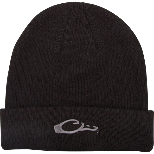 Black beanie with a logo on a white background