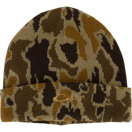 Camouflage beanie with a brand logo on a white background