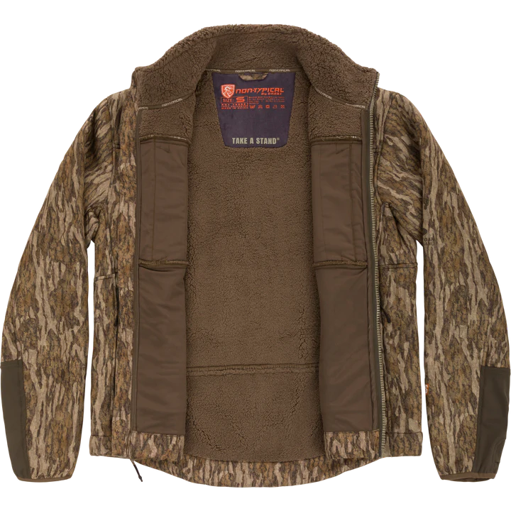 Camouflage jacket with a visible brand label on a white background