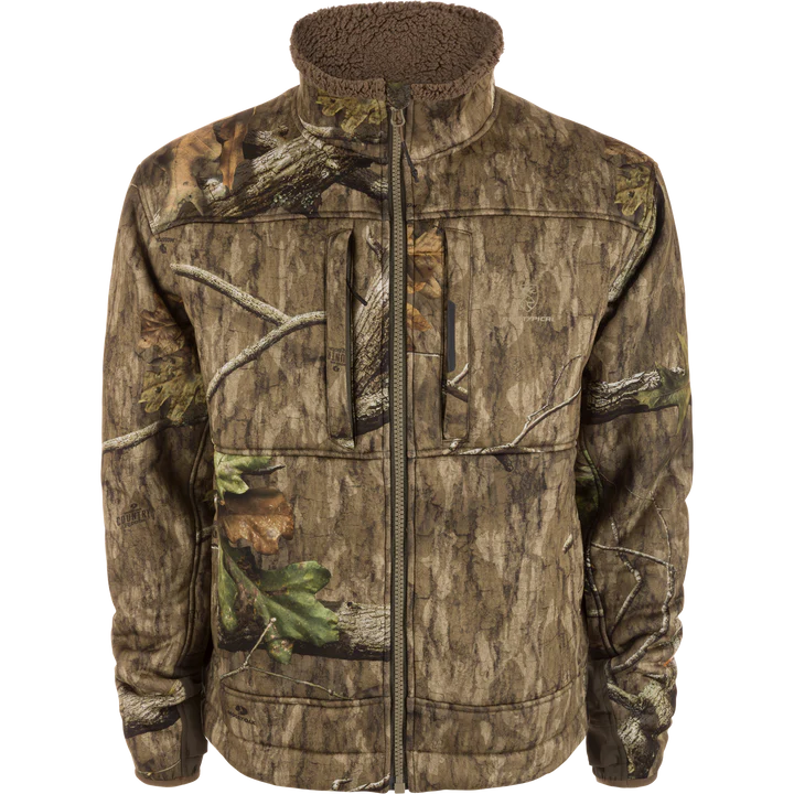 Camouflage jacket with a brown interior on a white background