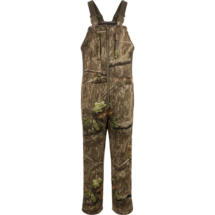 Camouflage bib overalls on a white background