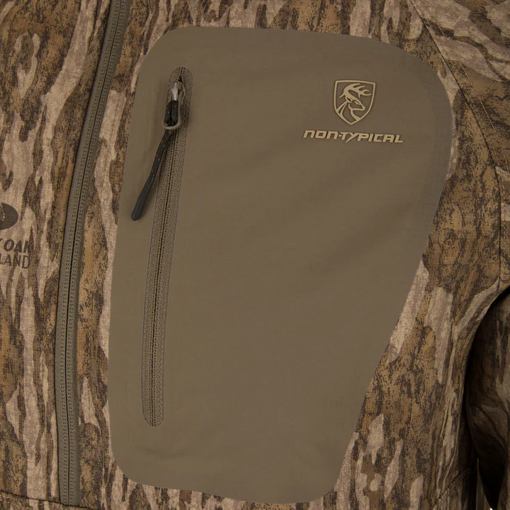 Brown pouch with a zipper on a camouflage background, featuring the 'nontypical' brand.