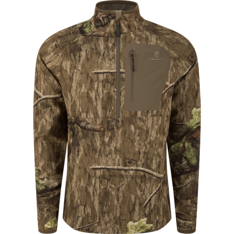 Camouflage hunting jacket with a quarter-zip design on a white background