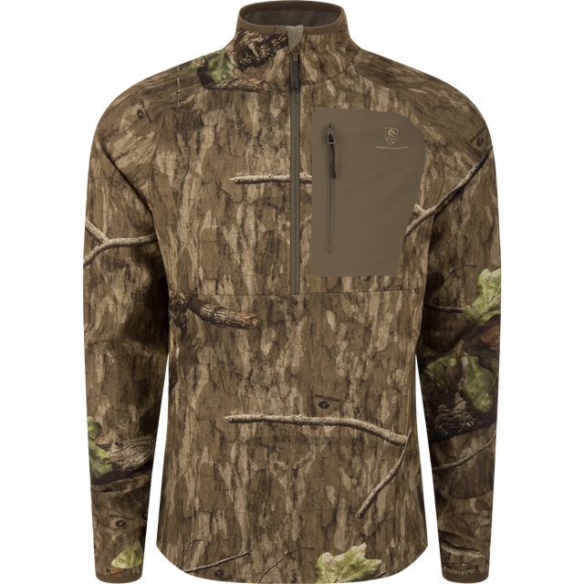 Camouflage hunting jacket with a quarter-zip design on a white background