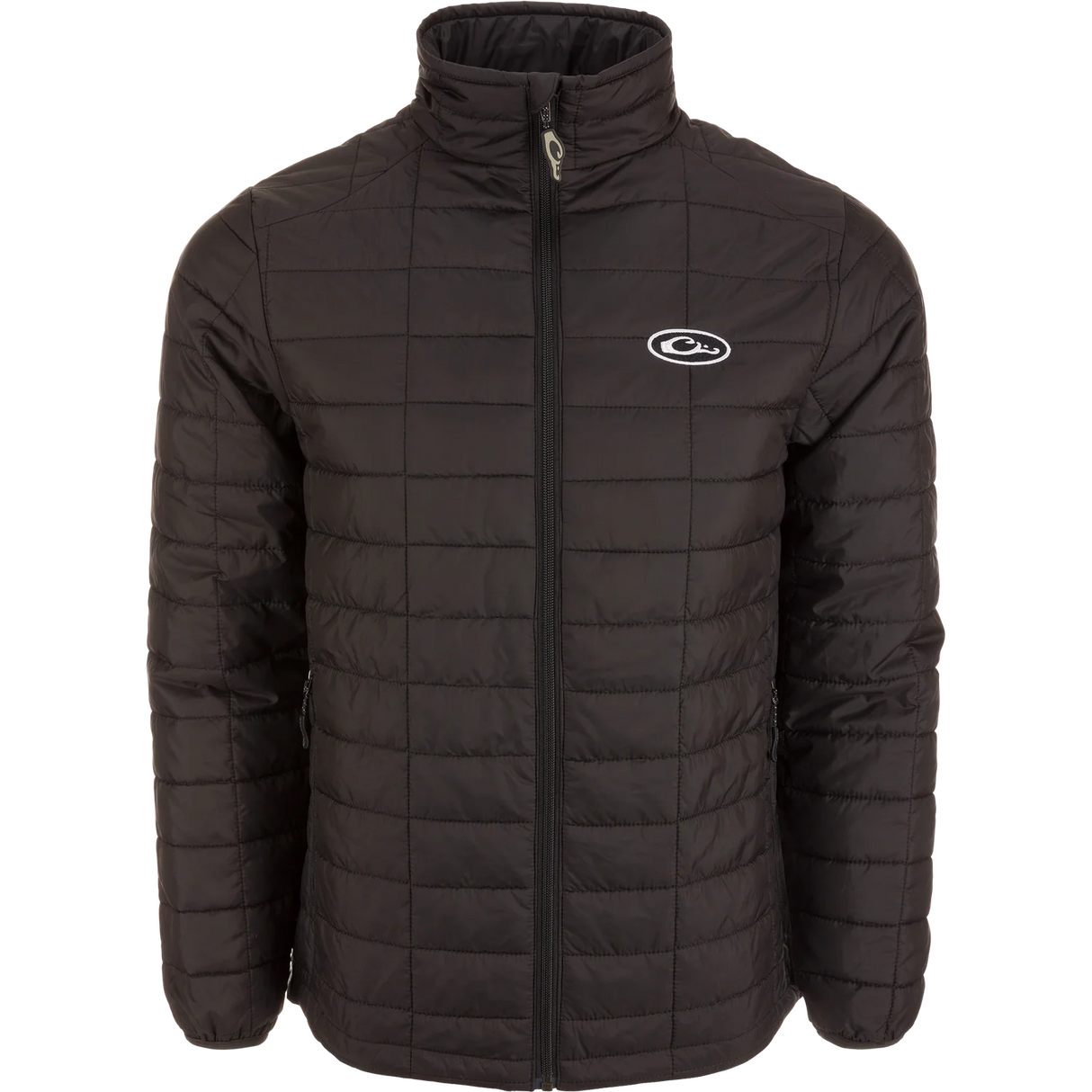 Black puffer jacket with a brand logo on a white background