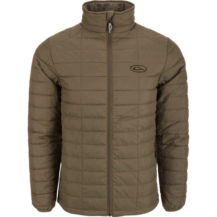 Brown quilted jacket with a brand logo on a white background