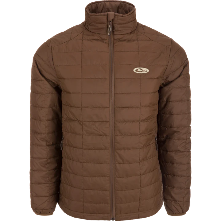 Brown quilted jacket with a brand logo on a white background