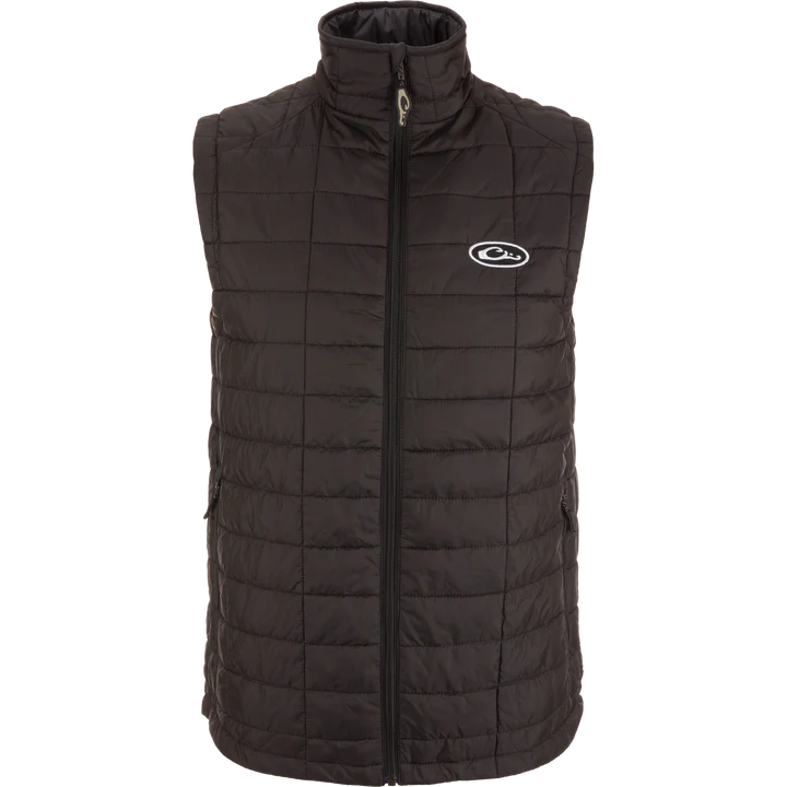Black puffer vest with a logo on a white background