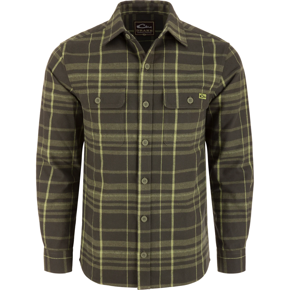 Green plaid shirt with button details on a white background
