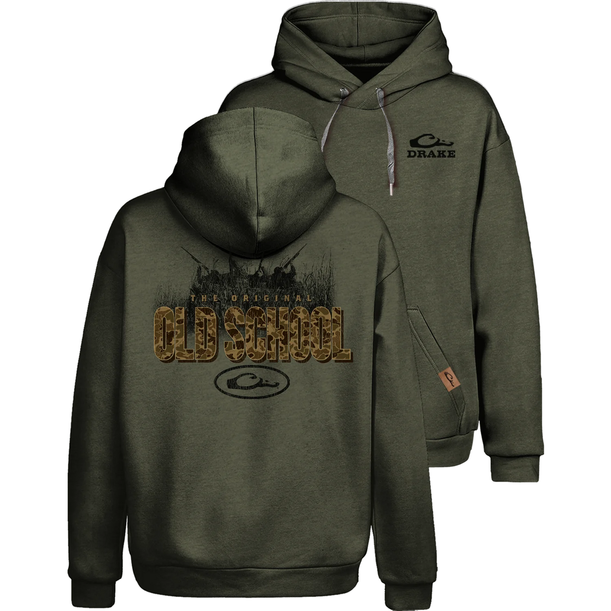 Green hoodie with 'Old School' and brand logo on front and back, on a white background