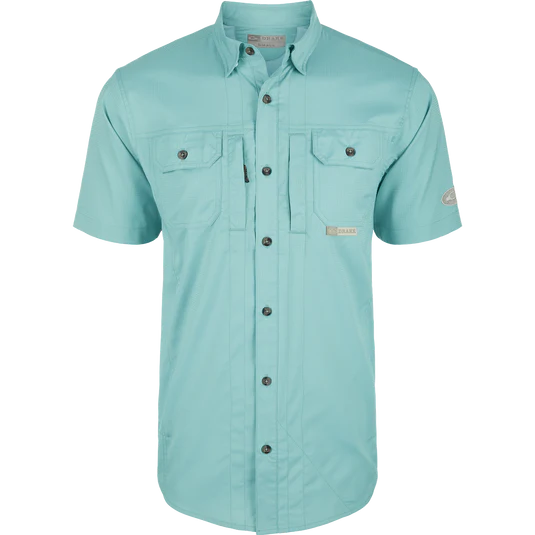 Light blue button-up shirt with short sleeves on a white background