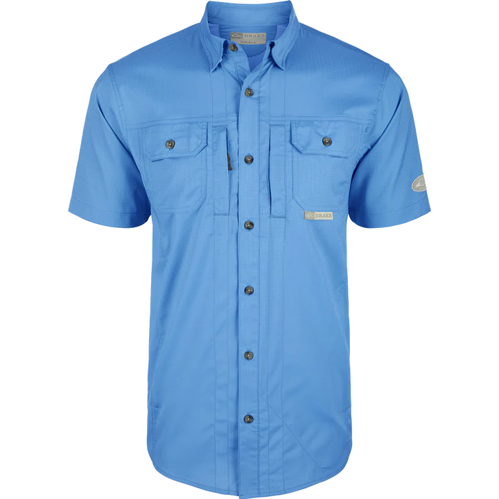 Blue short-sleeve shirt with button details on a white background