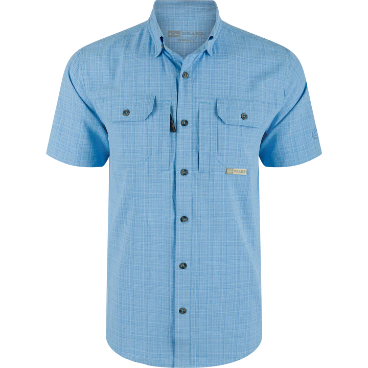 Blue checkered shirt with short sleeves on a white background