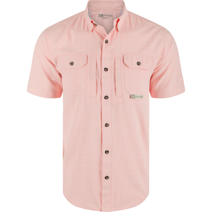 Pink short-sleeve shirt with button details on a white background