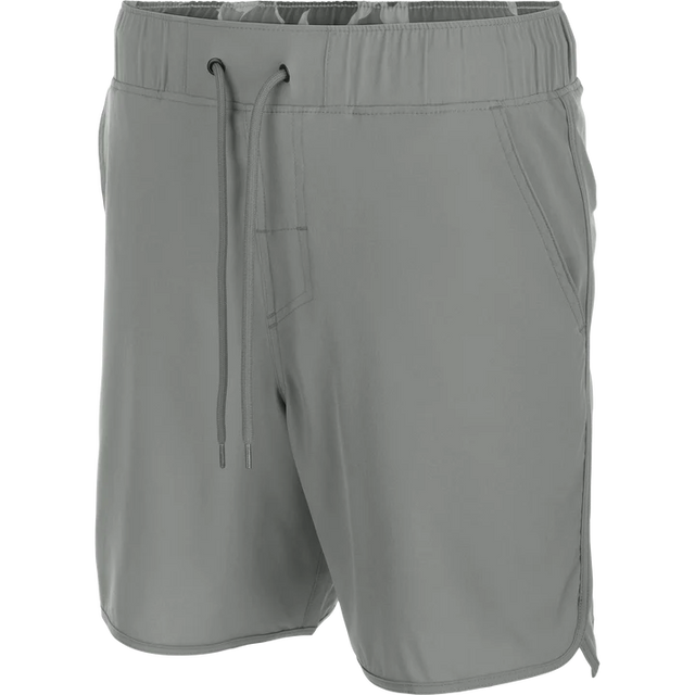 Gray shorts with drawstring on a white background