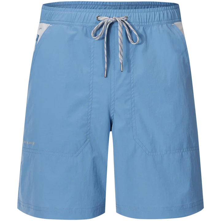 Blue shorts with a drawstring on a white background