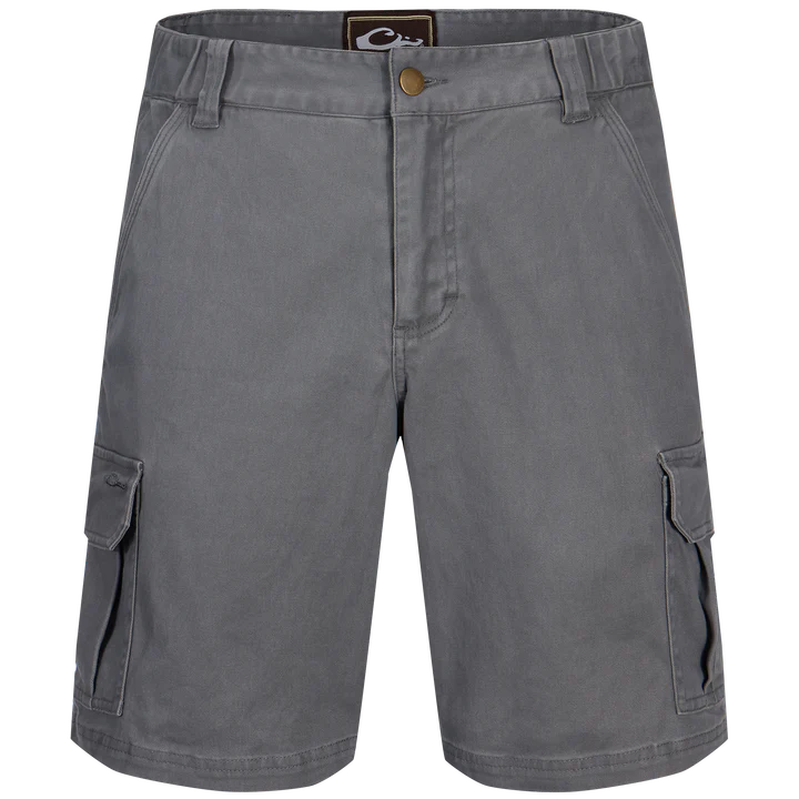 Gray cargo shorts on a white background