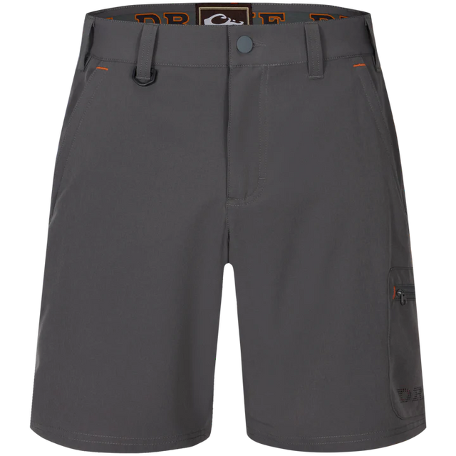 Gray shorts with orange accents on a white background