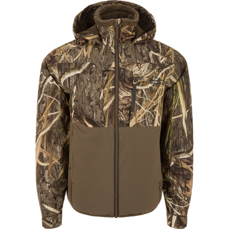 Camouflage jacket with a hood on a white background