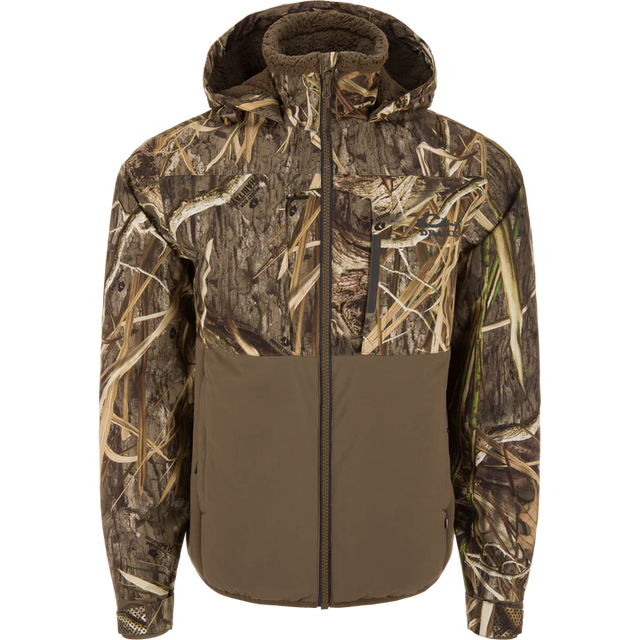 Camouflage jacket with a hood on a white background