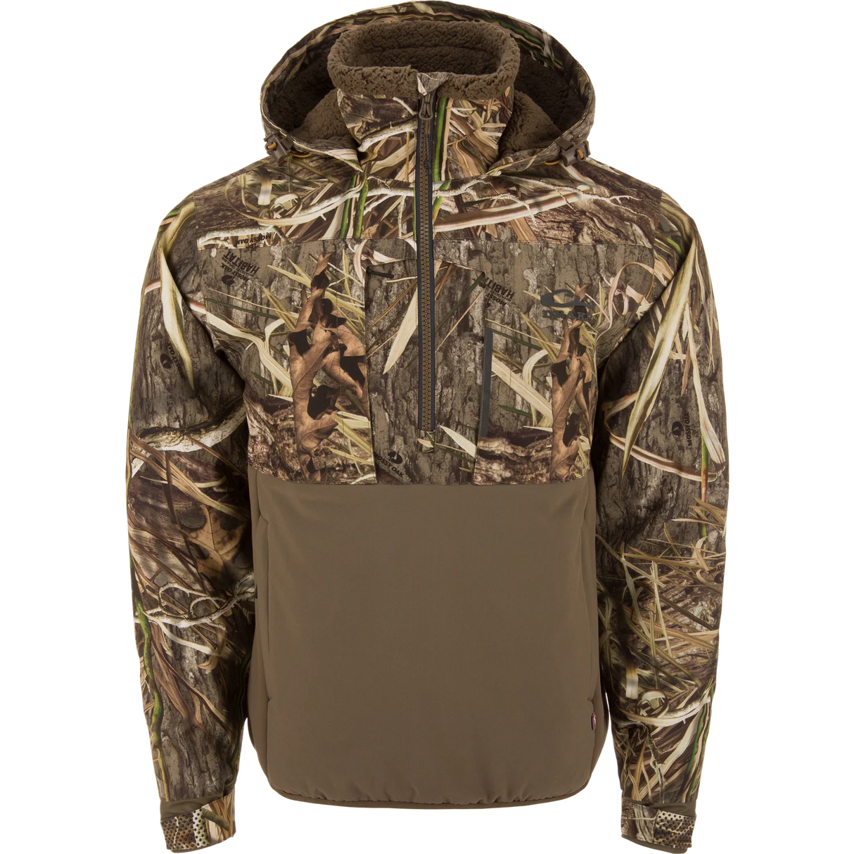 Camouflage jacket with a brown hood and lower section on a white background