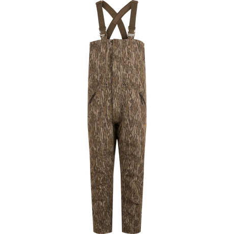 Camouflage bib overalls with suspenders on a white background