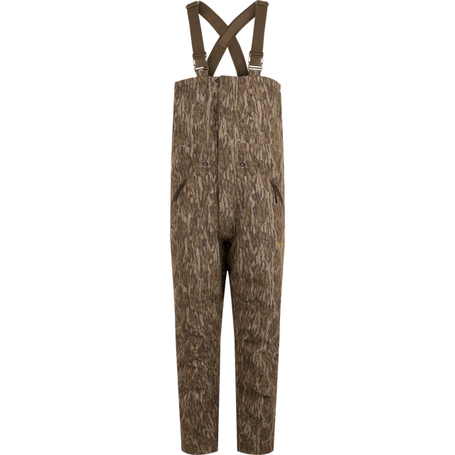 Camouflage bib overalls with suspenders on a white background
