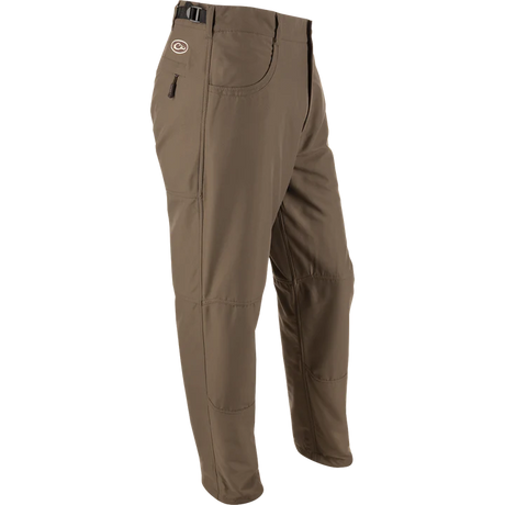 Brown pants with a visible brand logo on a white background