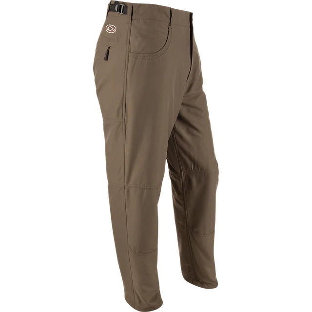 Brown pants with a visible brand logo on a white background