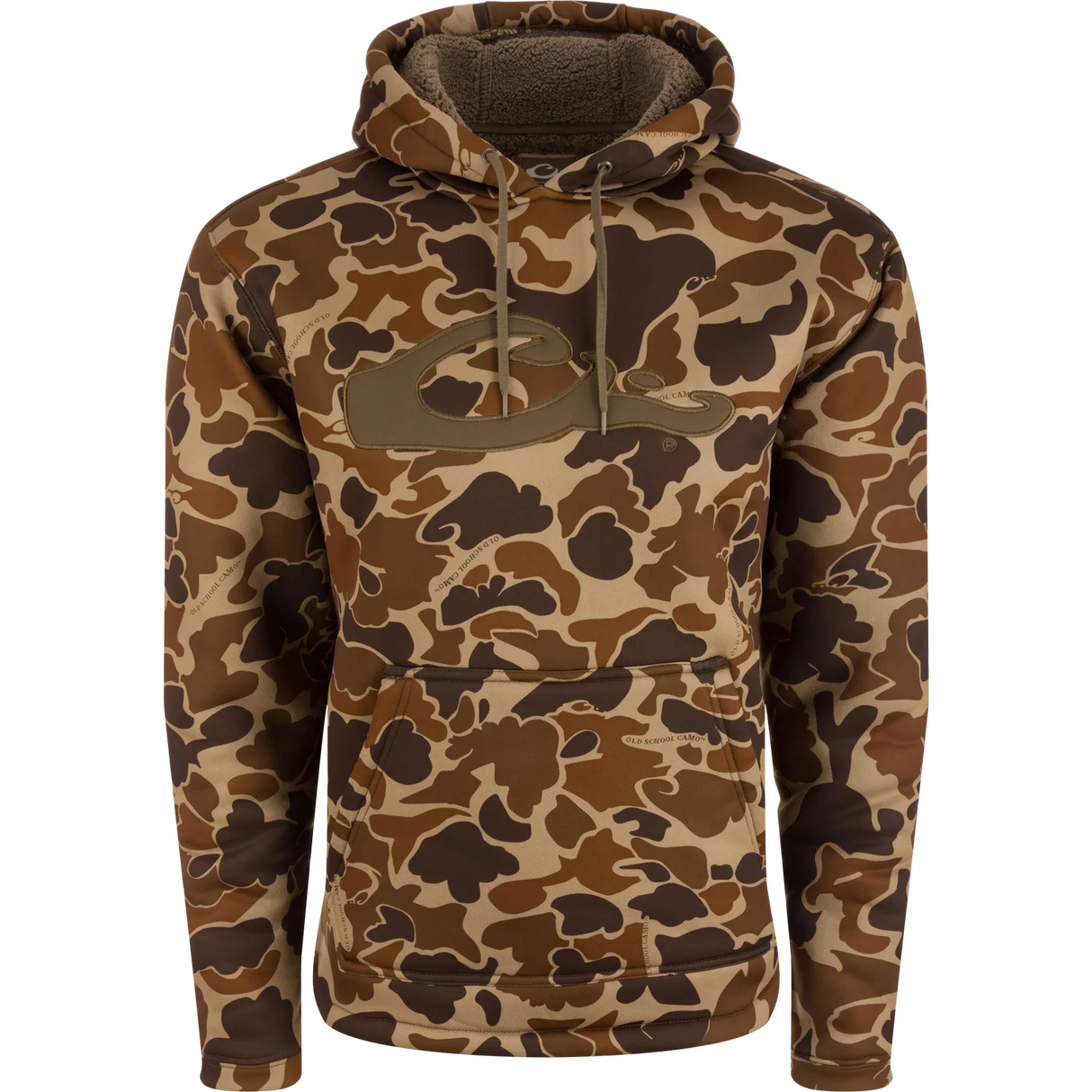 Camouflage hoodie with a brand logo on a white background