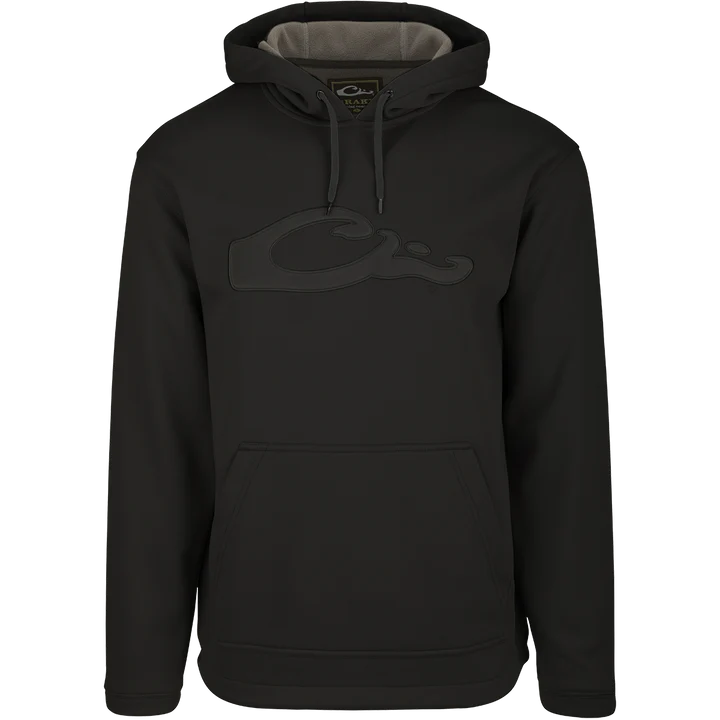 Black hoodie with a logo on a white background