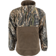 Camouflage hunting jacket with brown accents on a white background