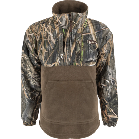 Camouflage hunting jacket with brown accents on a white background