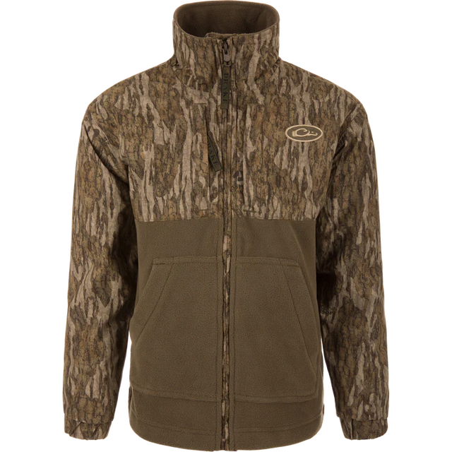 Camouflage jacket with a brand logo on a white background