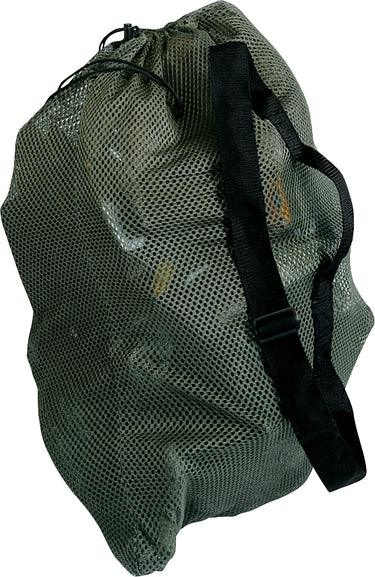 Green mesh bag with black straps on a white background