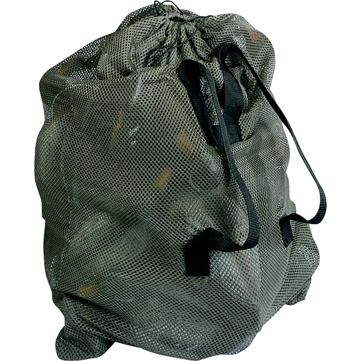 Green mesh drawstring bag on a white background