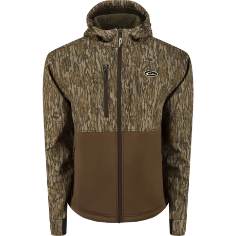 Camouflage jacket with a brand logo on a white background