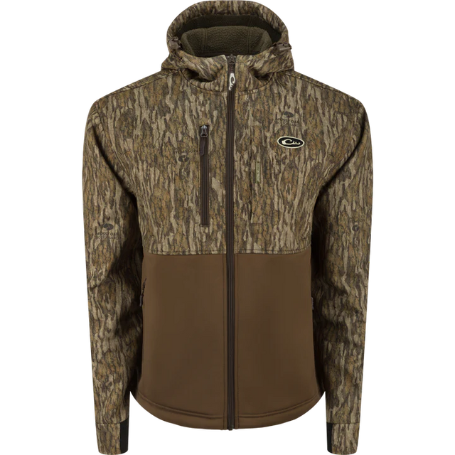 Camouflage jacket with a brand logo on a white background