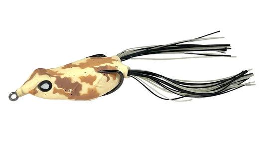 Fishing lure with a camo pattern and black and white tail on a white background