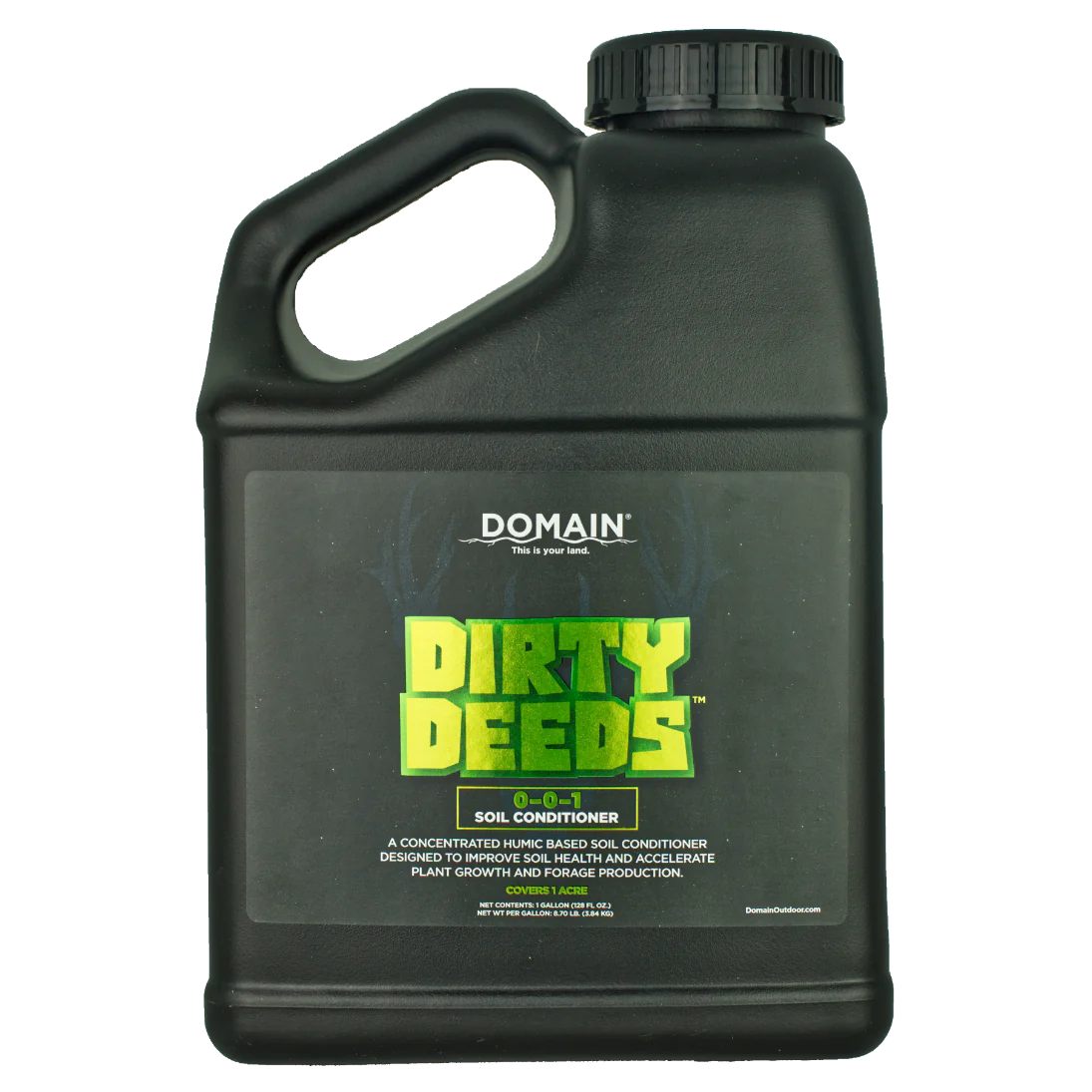 Black container of 'Dirty Deeds' soil conditioner with green text on a white background