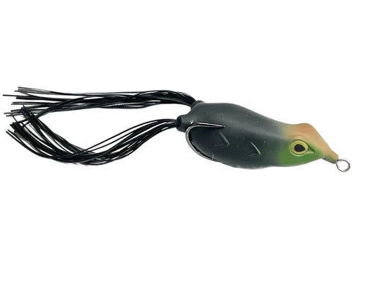 Fishing lure with black skirt and green body on a white background