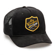 Black cap with yellow emblem and text on a white background