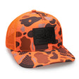 Orange and black camouflage cap with a brand logo on a white background