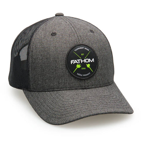 Gray cap with a black patch featuring 'Fathom' branding on a white background
